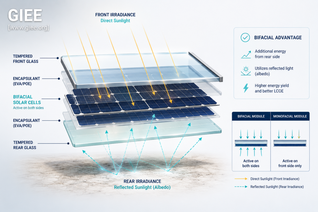 Cross-section diagram comparing monofacial and bifacial solar PV module construction with transparent rear glass and rear-active cell