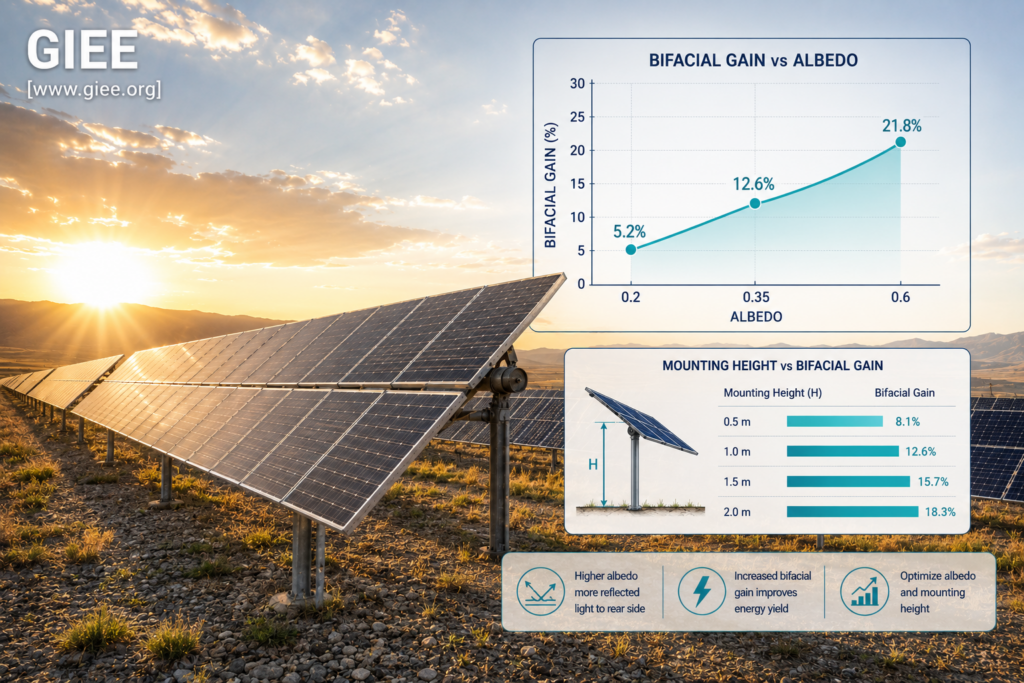 Performance comparison chart of bifacial gain versus albedo and mounting height across fixed-tilt and tracker configurations
