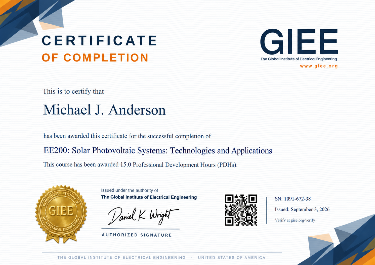 EE200 sample Certificate of Completion