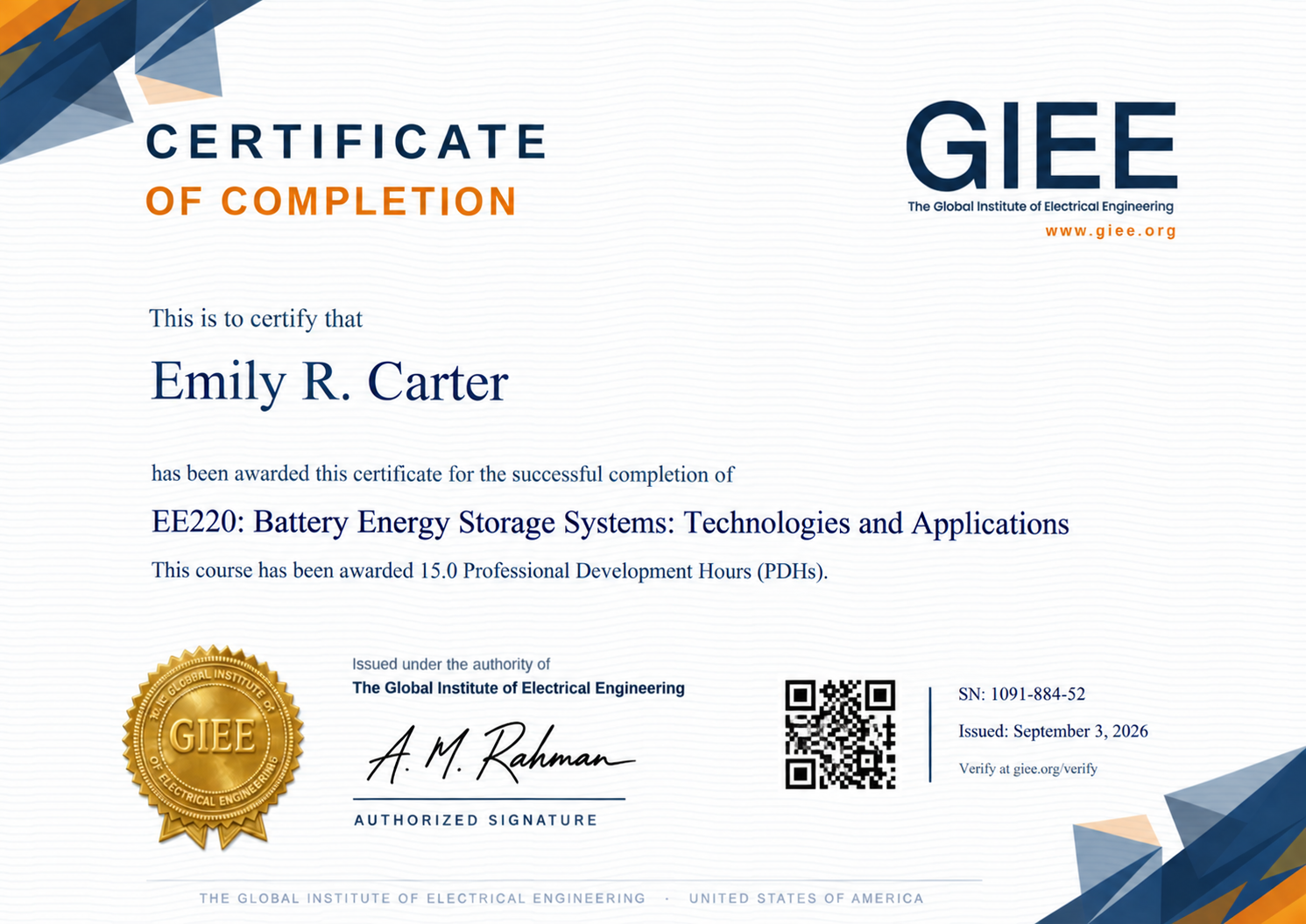 EE220 sample Certificate of Completion