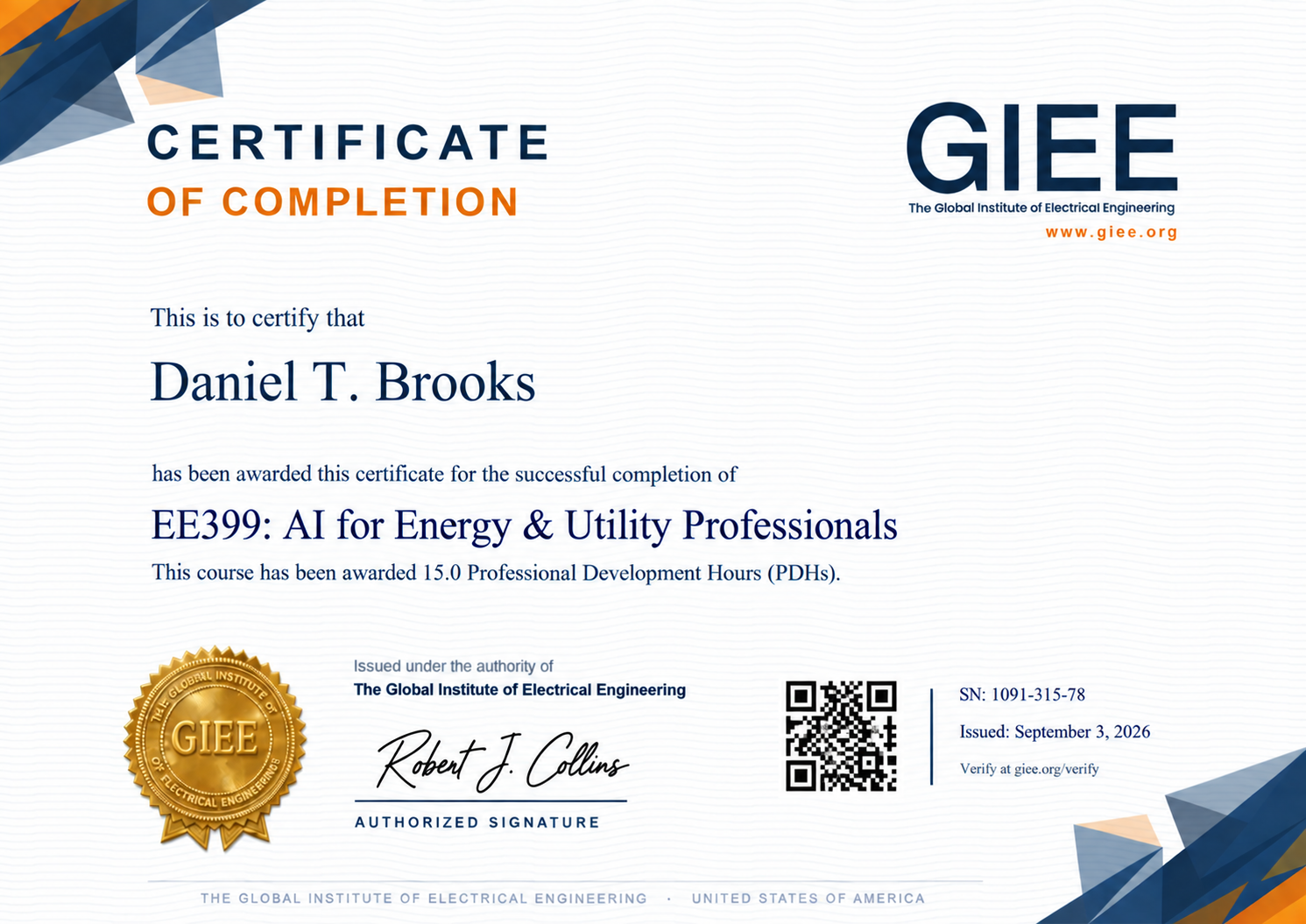 EE399 sample Certificate of Completion