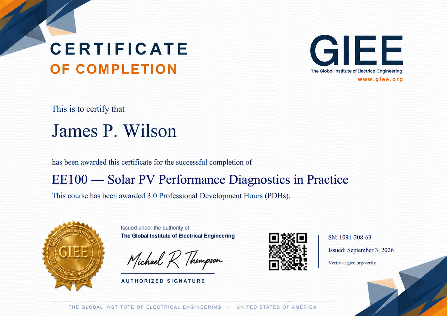 EE100 sample Certificate of Completion